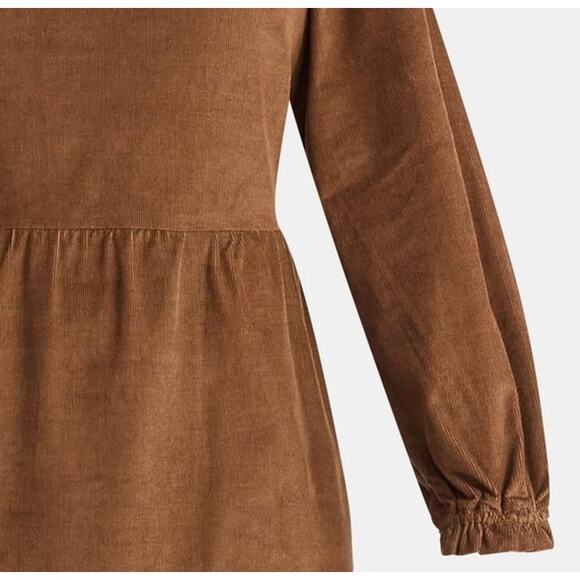 NEW Women's Tiered Corduroy XL Mini Dress with Pockets Long Sleeve WARM COFFEE - Picture 3 of 4
